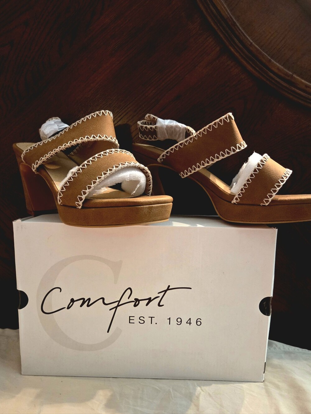 Comfort EST. 1946 Tan & White High Heel Wedge Sandals